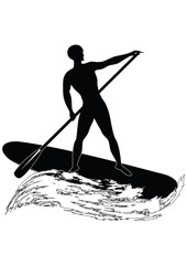 Sketch - Surfer - man swims on an inflatable board with a paddle - wave in grunge style - isolated on white background - art vector.
