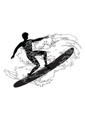 Sketch - Surfer - man - wave in grunge style - isolated on white background - art vector.