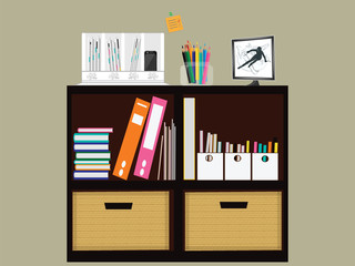 Interior Home Office Managemen - small cabinet for business papers and office supplies cabinet - art illustration vector.