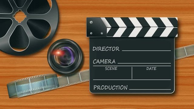 Film reel, lens camera with movie clapper board. 4K UHD animated introduction video.
