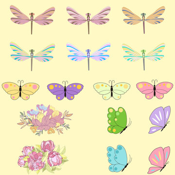 Spring set for design of multicolored butterflies, dragonflies and flowers.Can be used for wedding, baby shower, mothers day, valentines day, birthday cards, invitations, greetings and romantic labels
