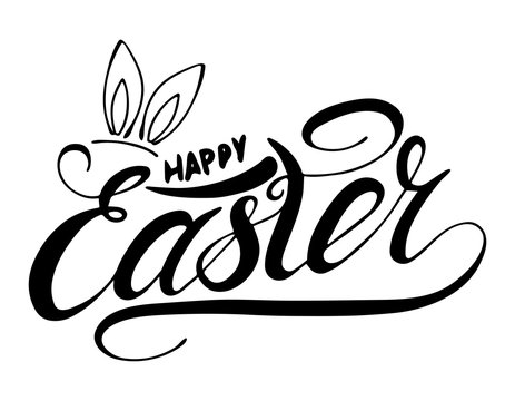 Happy Easter with rabbit ear  handwritten lettering card  