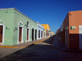 A pretty street in the walled city of Campeche in Mexico