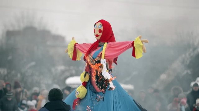 Belarus. Ignition Dummy Symbolizing Winter And Death In Slavic Mythology, Pagan Tradition. Oldest Surviving Eastern Slavic Religious National Traditional Folk Holiday Maslenitsa