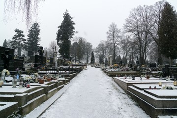 Cemetery covered by snow in winter. Slovakia