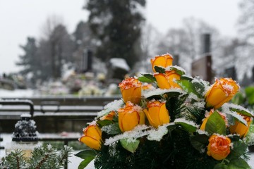 Cemetery covered by snow in winter. Slovakia