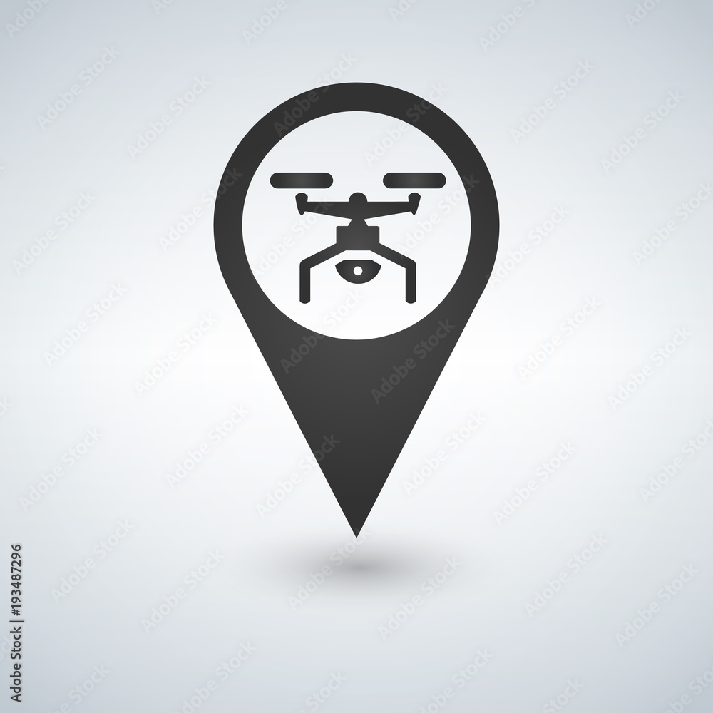 Poster drone icon on map pointer, copter with camera, vector illustration.