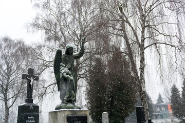 Fototapeta premium Cemetery covered by snow in winter. Slovakia