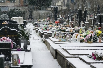 Cemetery covered by snow in winter. Slovakia