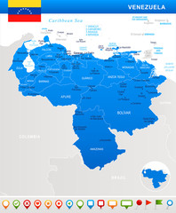 Obraz premium Venezuela - map, flag and navigation icons - Detailed Vector Illustration