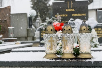 Cemetery covered by snow in winter. Slovakia