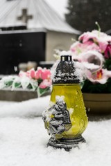 Cemetery covered by snow in winter. Slovakia