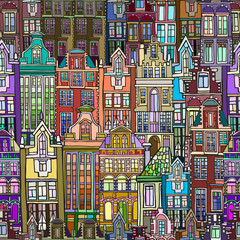 Vector seamless pattern with Dutch fictional vintage houses. Hand drawn.