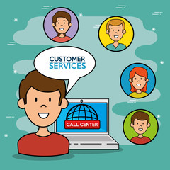 Icon man with laptop speaking, support call center concept, vector illustration