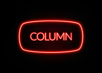 Column neon sign on brick wall background.