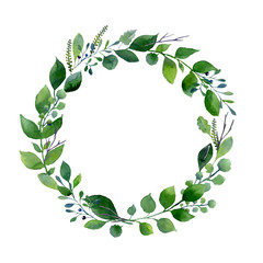 Green watercolor wreath. Composition of fresh summer foliage and tree branches © iulilel