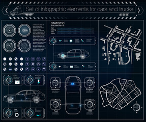 Futuristic user interface. Infographics of freight transport and transportationTemplate of automobile infographics. Abstract virtual graphic touch user interface. Cars diagnostic. science abstract.