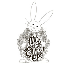 Easter bunny, Lettering Happy Easter on egg, anti stress coloring page stock vector illustration