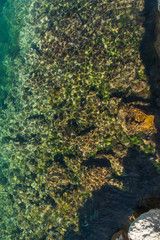 Stony bottom under greenish transparent water 