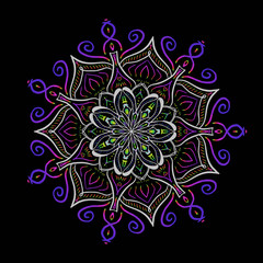vector ornament decoration multicolored bohemian circle .Ornamental Floral Mandala .drawing for coloring, textiles and tattoo on a black background