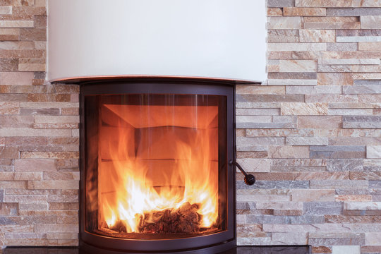 Interior shot of a modern marble fireplace