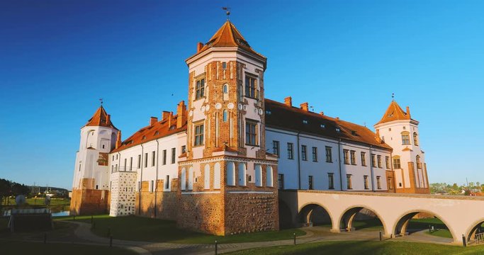 Mir, Belarus. Mir Castle Complex. Architectural Ensemble Of Feudalism, Ancient Cultural Monument. Famous Landmark In Summer Sunny Morning Under Blue Sky