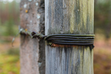 A wooden post wrapped iron wire. Close-up macro photo of a rusted wire wrapped around a wooden fence post