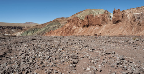 Rainbow Valley (Valle Arcoiris), in the Atacama Desert in Chile. The mineral rich rocks of the...