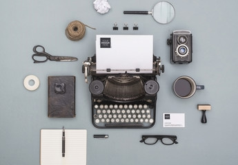 Typewriter with Devices, Stationery and Accessories Mockup 2