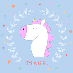 Magic cute unicorn in cartoon style with lettering Its a girl.