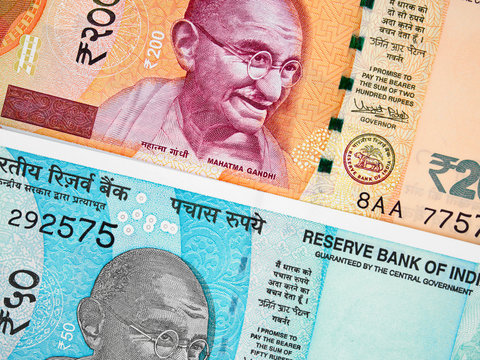 India currency 50 and 200 rupee (2017) banknote close up, Indian  money closeup