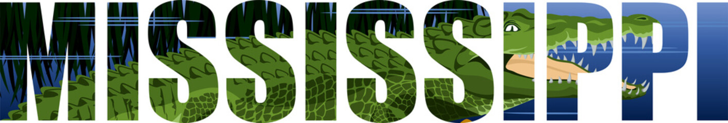 vector Mississippi - American state word with crocodile alligator and wetland river