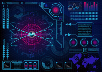 Futuristic radar atom user interface. HUD. Infographics futuristic blue background. GUI hologram set with world map.  Lungs, heart, batteries. Vector EPS 10.