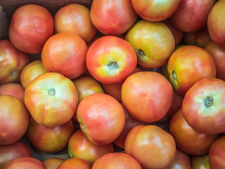Many tomatoes on the store counter, vegetable themes