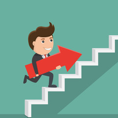 Businessman holding an arrow sign, rising up the stairs.Vector illustration.