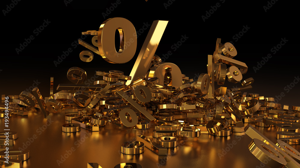 Poster 3d rendering of signs percent, falling into a heap. volumetric signs with a reflective surface. a la