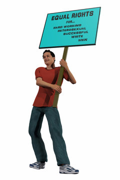 computer rendered illustration of a young man protesting for equal rights for men
