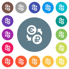 Euro Ruble money exchange flat white icons on round color backgrounds