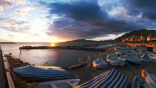 Chiavari - promenade at sunset - Portofino view - Liguria - Italy
