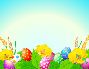 Fototapeta na wymiar Easter eggs with flower and nature background. Nice decoration for Easter time. Illustration.