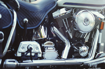 beautiful chrome motor of a motorcycle close-up