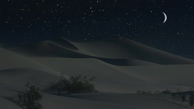 Sand dunes under a crescent moon in a desert night (Loop).