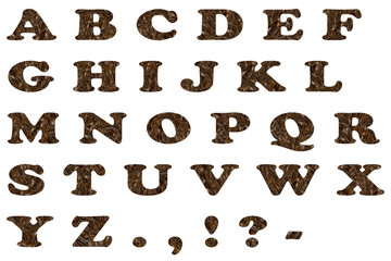 the English alphabet from coffee beans