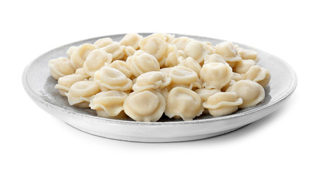 Plate with tasty meat dumplings on white background