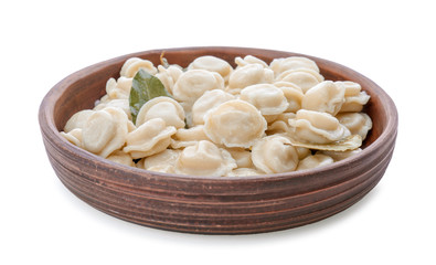 Plate with tasty meat dumplings on white background