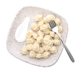 Plate with tasty meat dumplings on white background