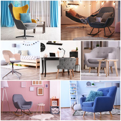 Collage with stylish and comfortable armchairs in different room interiors