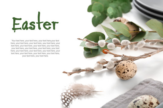 Beautiful decor for festive Easter table setting with space text on white background