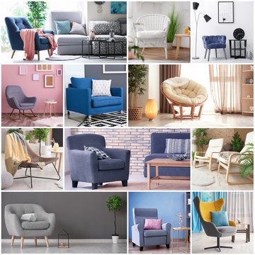 Collage with stylish and comfortable armchairs in different room interiors