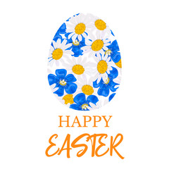 Obraz na płótnie Canvas Happy Easter. Decorated blue flat egg made of Daisy and blue flowers, forget-me-not, flax,